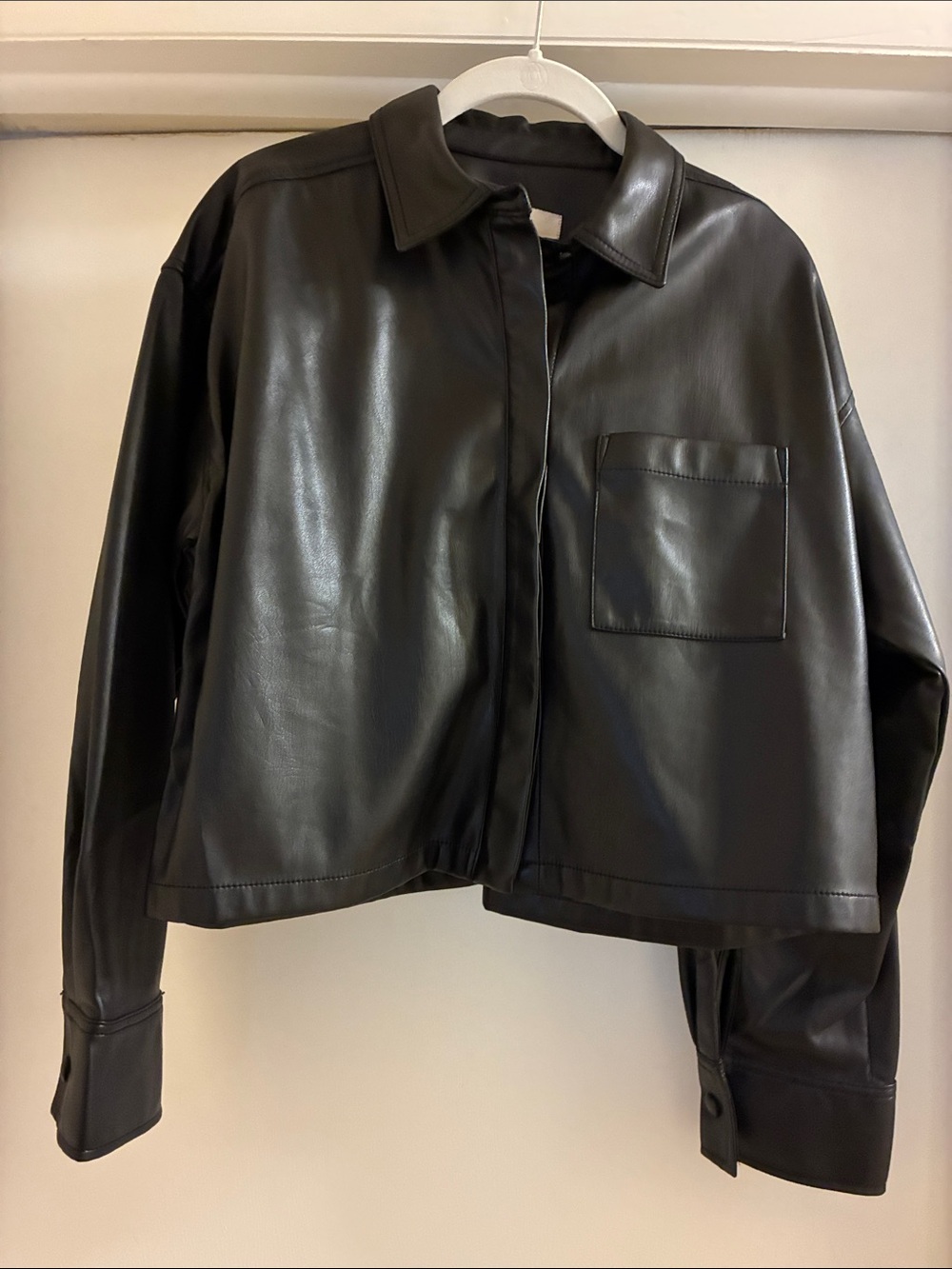 Black Faux Leather Shirt Jacket - Women's Cropped Jacket